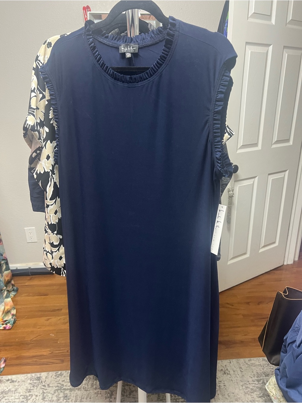 Nicole Miller Navy Sleeveless Ruffle-Trim Shift Dress